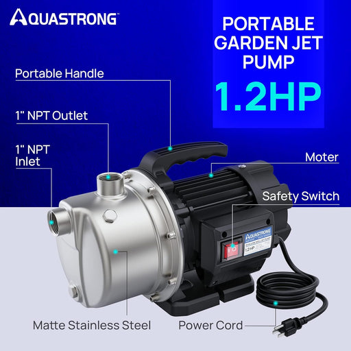 AQUASTRONG 1.2 HP & 1.6 HP Portable Shallow Well Pump Garden, 1209 GPH & 1320 GPH, 115V, Stainless Steel, Sprinkler for Lawn or Garden - Aquastrong