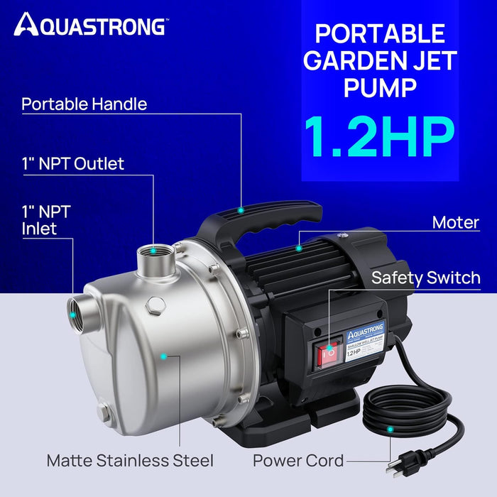AQUASTRONG 1.2 HP & 1.6 HP Portable Shallow Well Pump Garden, 1209 GPH & 1320 GPH, 115V, Stainless Steel, Sprinkler for Lawn or Garden - Aquastrong