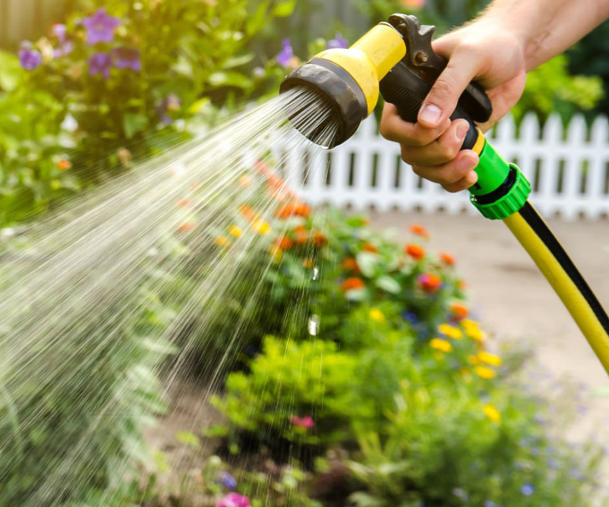 Using garden irrigation tools for watering the garden.