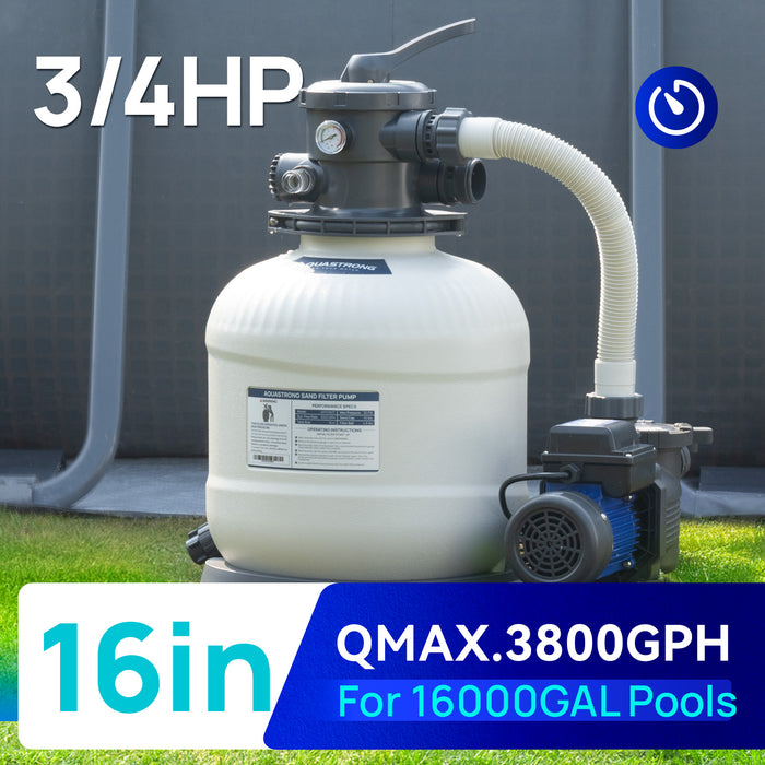 AQUASTRONG Sand Filter Pumps 115V, 1/2 HP to 3 HP, 12in to 20in, Max 8917GPH for Pools Up to 38000GAL, 6-Way Valve - Aquastrong