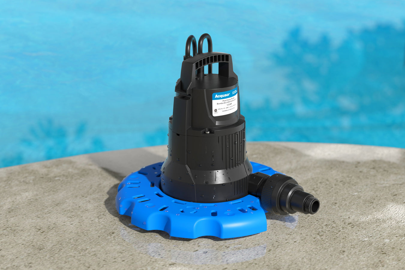 QUASTRONG Pool Cover Pump PCP025 placed at the edge of the pool.