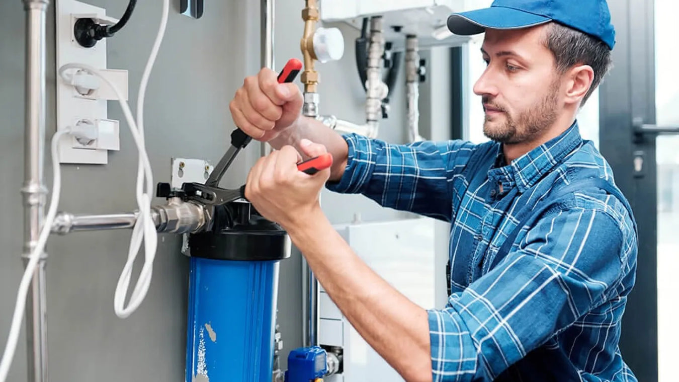 A male blue-collar worker operating a home water system.