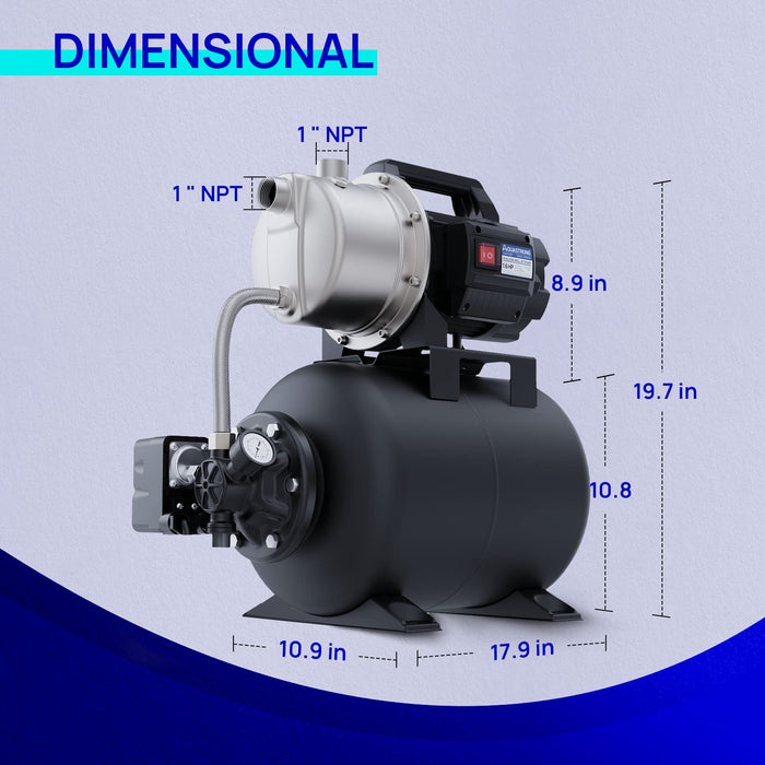 AQUASTRONG 1.6 HP Shallow Well Pump with Pressure Tank, NSF Certified, 1320 GPH, 115V, Stainless Steel Irrigation Pump, Automatic Water Booster Jet Pump for Home, Garden, Lawn - Aquastrong