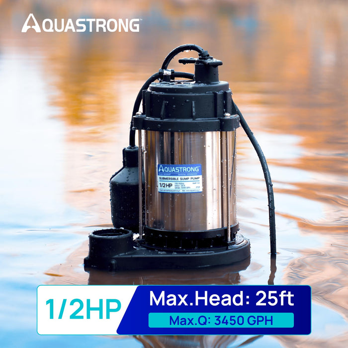 AQUASTRONG 1/2 HP & 3/4 HP Sump Pumps, QMAX 4890 GPH Stainless Steel and Thermoplastic Submersible Water Pump, 1-1/2" NPT Discharge - Aquastrong