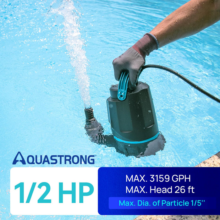 AQUASTRONG Utility Pumps 1/2 HP & 1 HP with Float Switch, Up to 4500GPH, Submersible Water Pump with 10ft & 19ft Long Power Cord - Aquastrong