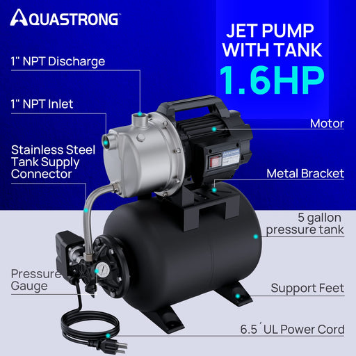 AQUASTRONG 1.6 HP Shallow Well Pump with Pressure Tank, NSF Certified, 1320 GPH, 115V, Stainless Steel Irrigation Pump, Automatic Water Booster Jet Pump for Home, Garden, Lawn - Aquastrong