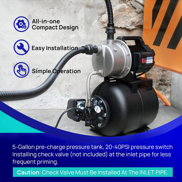 AQUASTRONG 1.6 HP Shallow Well Pump with Pressure Tank, NSF Certified, 1320 GPH, 115V, Stainless Steel Irrigation Pump, Automatic Water Booster Jet Pump for Home, Garden, Lawn - Aquastrong