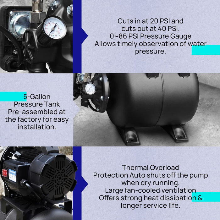 AQUASTRONG 1.6 HP Shallow Well Pump with Pressure Tank, NSF Certified, 1320 GPH, 115V, Stainless Steel Irrigation Pump, Automatic Water Booster Jet Pump for Home, Garden, Lawn - Aquastrong