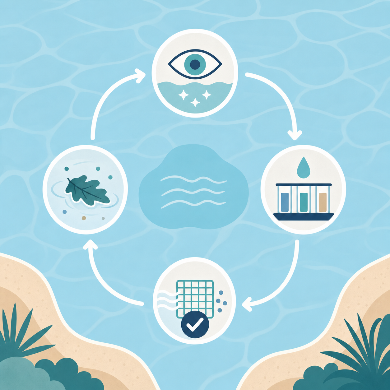 Illustration: A conceptual four-step decision flow for diagnosing cloudy pool water, moving from water testing and debris removal to circulation and filter checks.