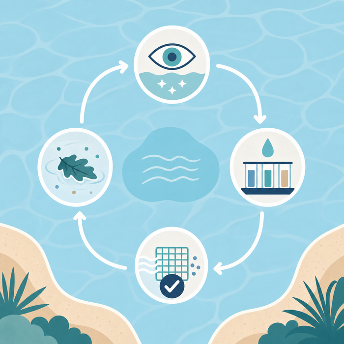 Illustration: A conceptual four-step decision flow for diagnosing cloudy pool water, moving from water testing and debris removal to circulation and filter checks.