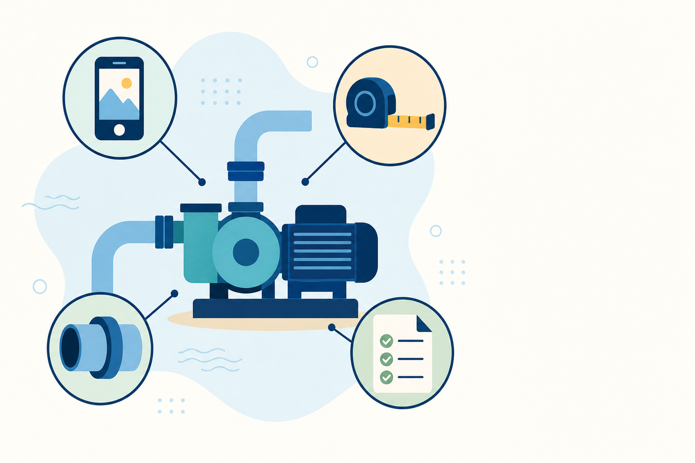 Illustration: conceptual pool-pump replacement fit-check map with reference, measurement, connection, and checklist symbols