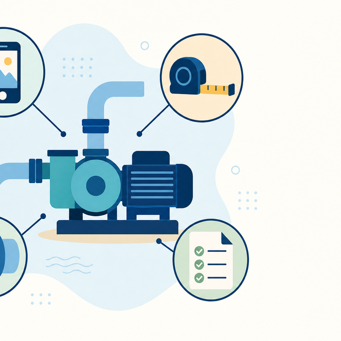 Illustration: conceptual pool-pump replacement fit-check map with reference, measurement, connection, and checklist symbols