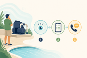 Illustration: conceptual pool-pump safety check flow from observation to checklist to calling for service