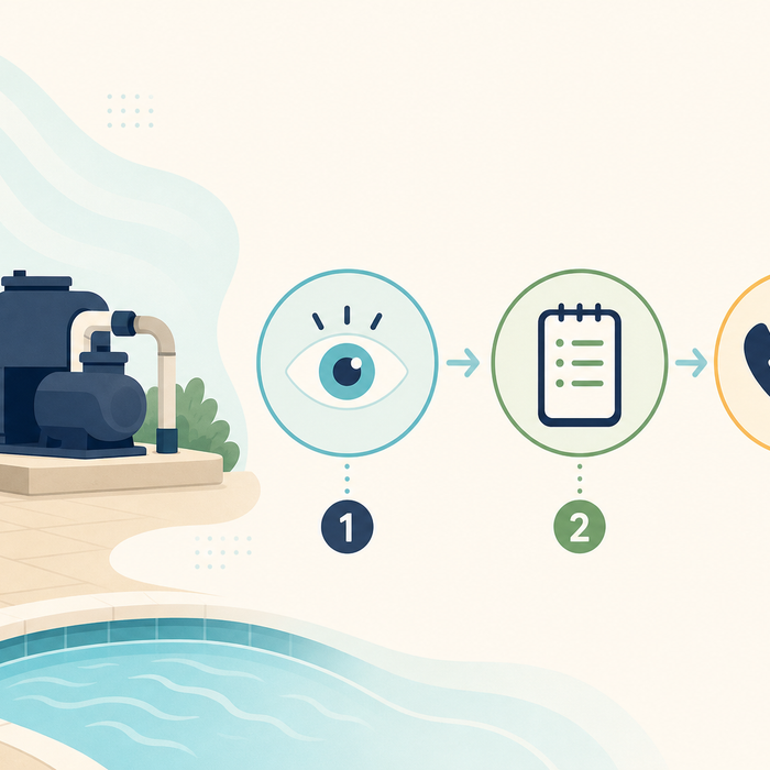 Illustration: conceptual pool-pump safety check flow from observation to checklist to calling for service
