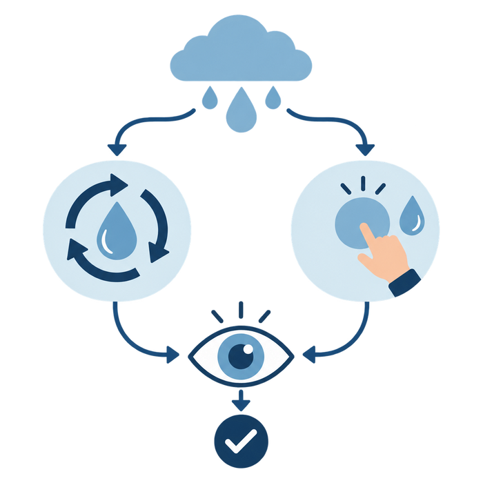 Illustration: two conceptual paths compare automatic water-removal cycles with human-started pumping, both leading to a winter inspection check.