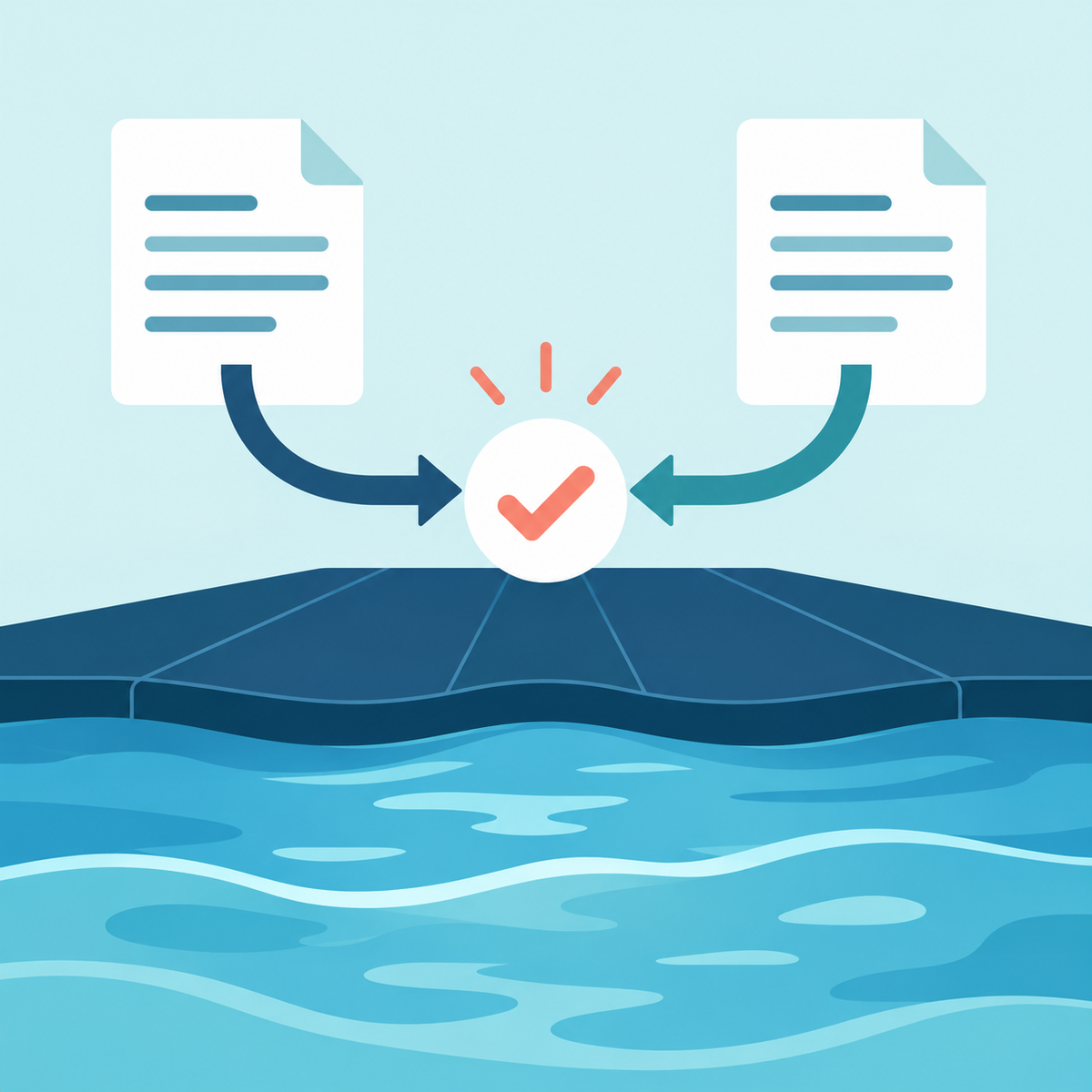 Illustration: Two instruction documents converge on a decision symbol above an abstract pool-cover water shape.