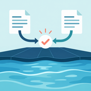 Illustration: Two instruction documents converge on a decision symbol above an abstract pool-cover water shape.