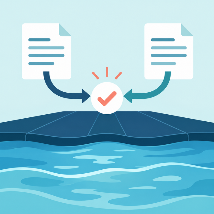 Illustration: Two instruction documents converge on a decision symbol above an abstract pool-cover water shape.