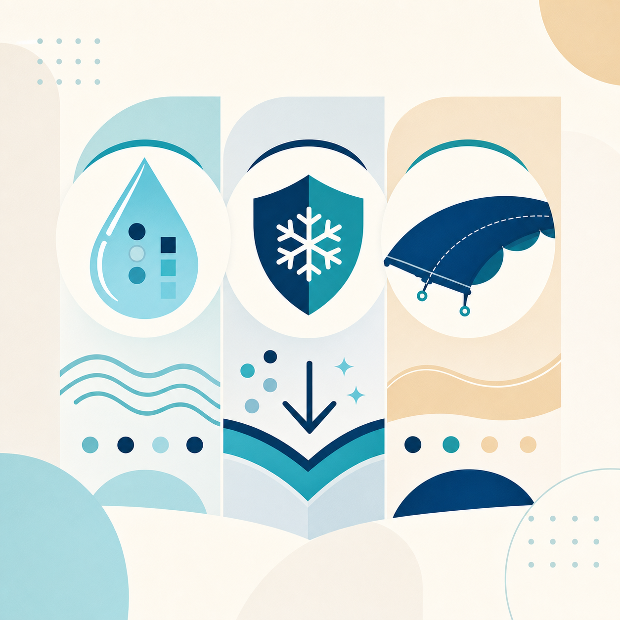 Illustration: Three conceptual lanes for pool water care, equipment protection, and cover preparation.