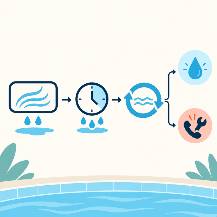 Illustration: a three-stage pool heat pump observation sequence comparing operation, a rest period, and circulation-only flow before deciding whether service is needed.