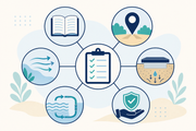 Illustration: conceptual pool heat-pump installation pre-check linking model documentation, site context, water path, and qualified electrical review.