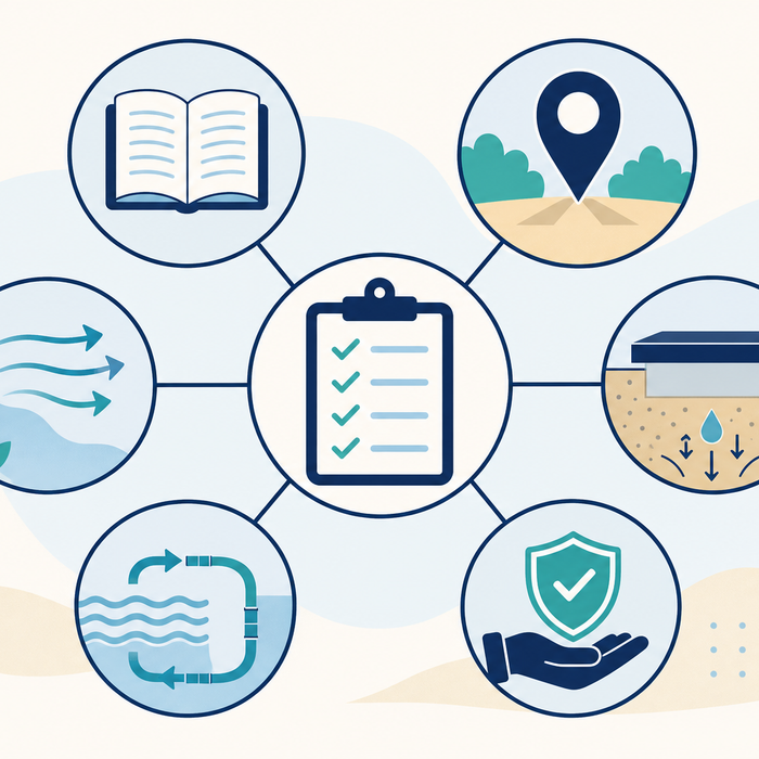 Illustration: conceptual pool heat-pump installation pre-check linking model documentation, site context, water path, and qualified electrical review.