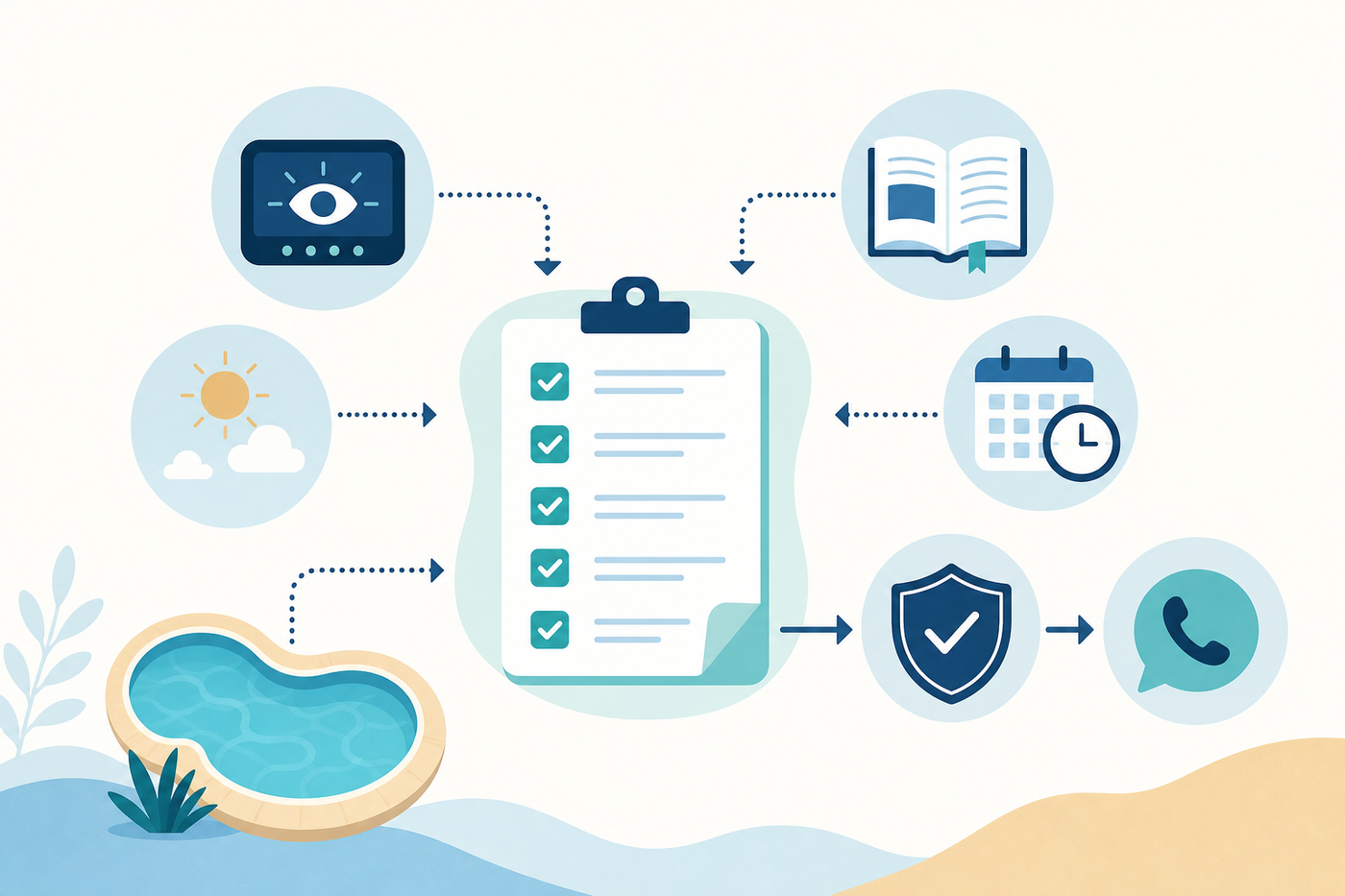 Illustration: conceptual safety-first service-call note with visible status, conditions, manual, and qualified-support steps.