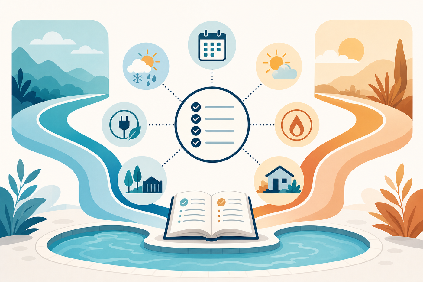 Illustration: balanced pool-heater comparison framework linking use patterns, local conditions, utilities, site context, and model documents.