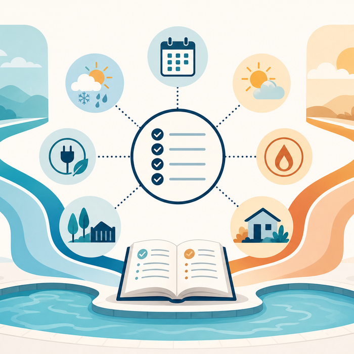 Illustration: balanced pool-heater comparison framework linking use patterns, local conditions, utilities, site context, and model documents.