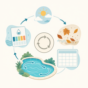 Illustration: Square conditions-based pool-pump schedule review with water testing, weather, debris, planning, and circulation.