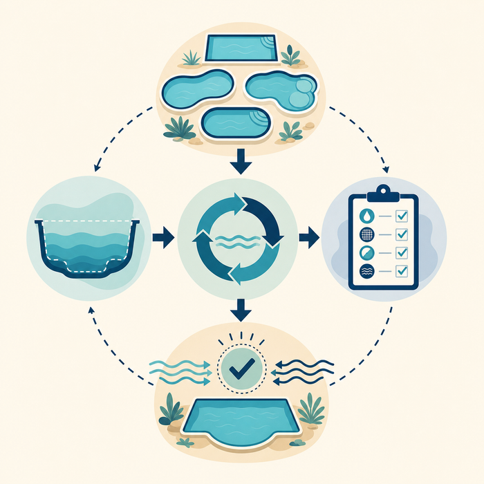 Illustration: Square conceptual flow from pool volume and circulation records to a system-fit review.