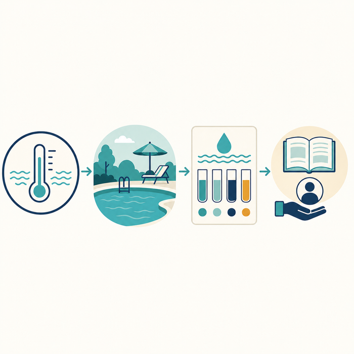 Illustration: conceptual pool-water cooling decision path from a reading and use context to water-care and manual-first next steps.