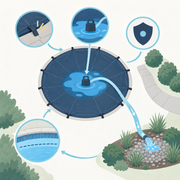 Illustration: a deck-side winter pool-cover drainage path showing an inspected cover, a pump at an existing low point, a hose routed away, and a final pool-water-level check.