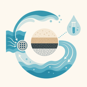 Illustration: A conceptual pool-water circulation loop through filter media, with a separate water-testing symbol.