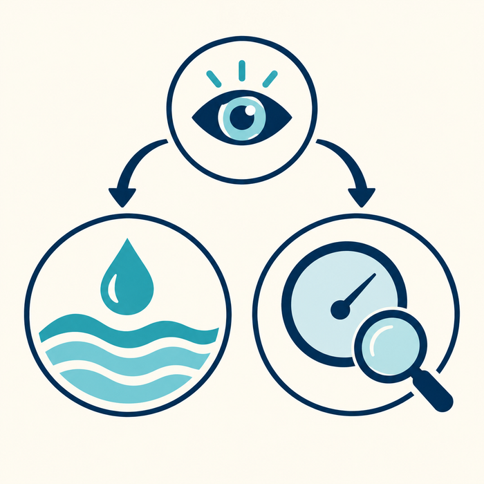 Illustration: A conceptual decision fork separates checking pool water flow from checking an instrument reading.