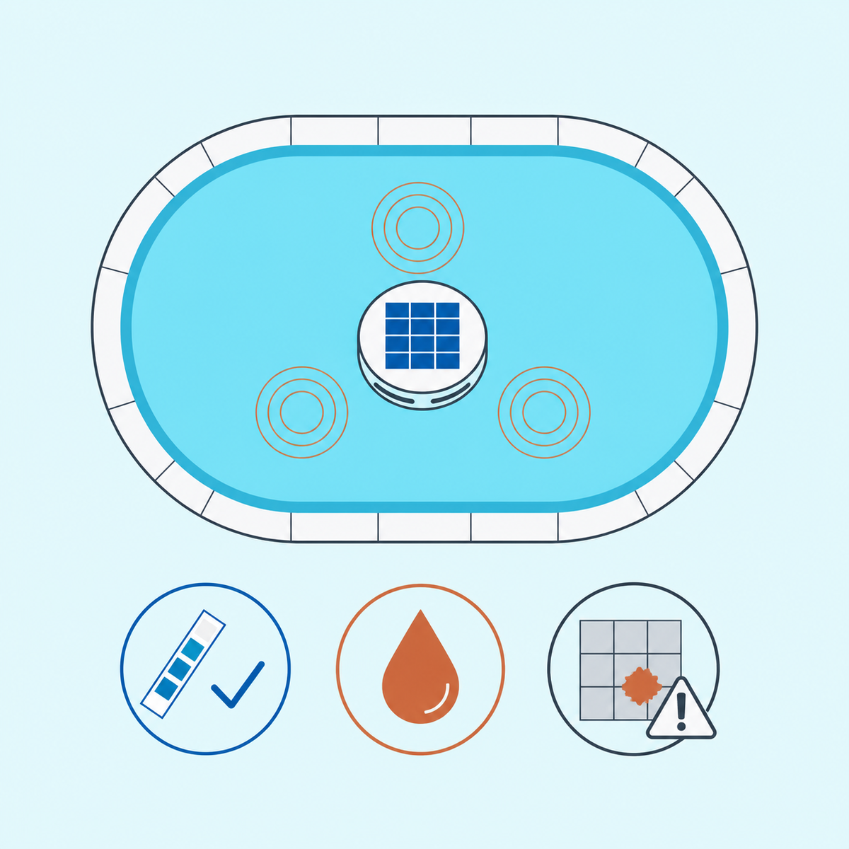 Illustration: A pool ionizer decision map showing ongoing water testing, copper awareness, and surface stain checks.