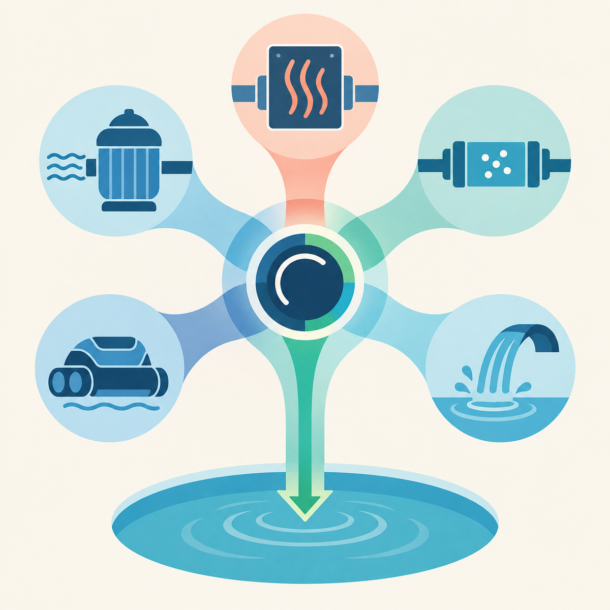 Illustration: an abstract pool pump speed control feeding filter, heater, salt-treatment, cleaner, and water-feature branches to show that equipment requirements determine the usable setting.