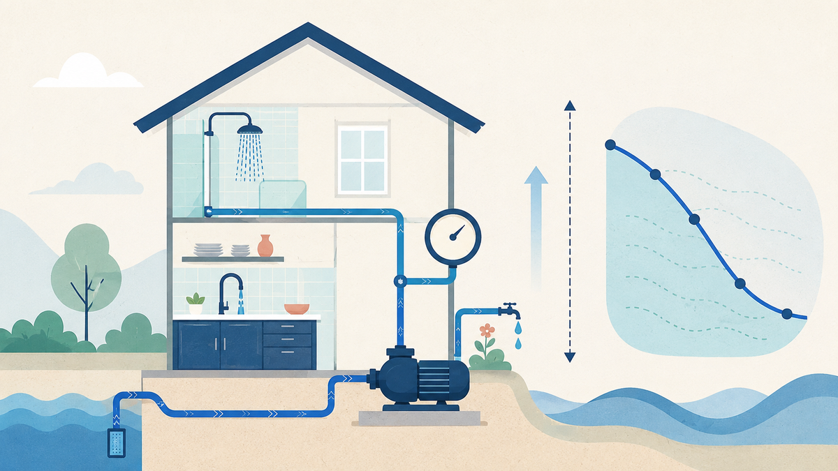 Illustration: A household water system showing fixture flow, a pressure gauge, a booster-pump concept, elevation, and pipe-loss checks.