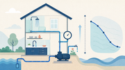 Illustration: A household water system showing fixture flow, a pressure gauge, a booster-pump concept, elevation, and pipe-loss checks.