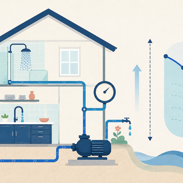 Illustration: A household water system showing fixture flow, a pressure gauge, a booster-pump concept, elevation, and pipe-loss checks.