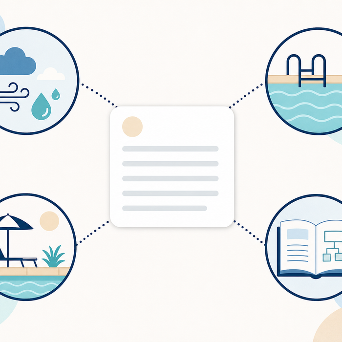 Illustration: conceptual pool heat-pump COP comparison note linking rating conditions, pool context, and model documentation.