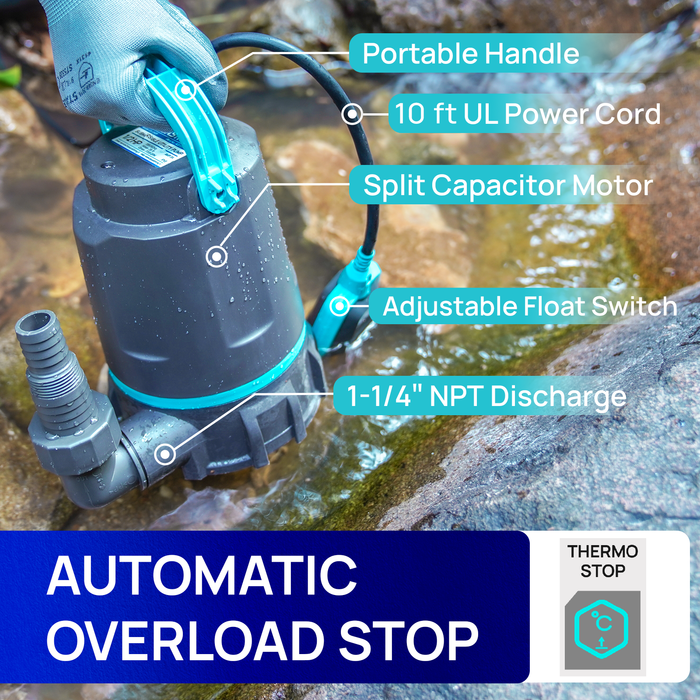 AQUASTRONG Utility Pumps 1/2 HP & 1 HP with Float Switch, Up to 4500GPH, Submersible Water Pump with 10ft Long Power Cord