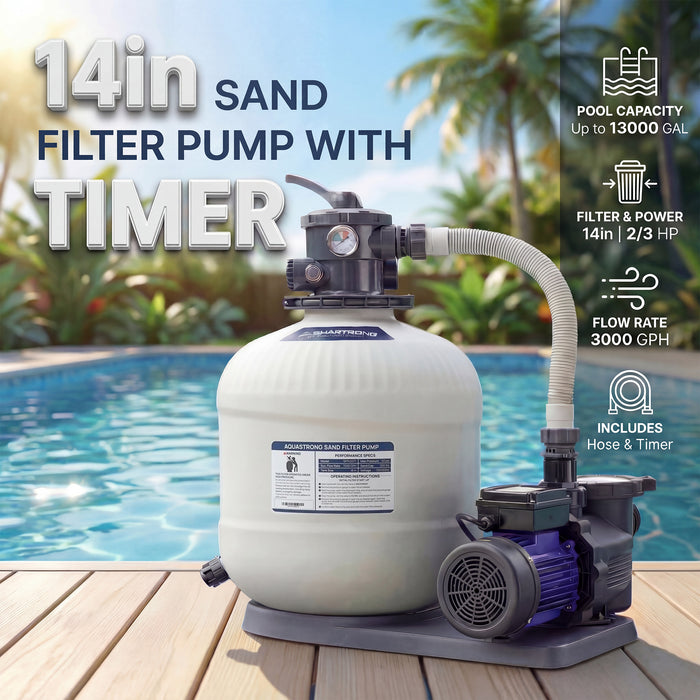 Sand Filter Pumps 115V 12in to 20in With Timer, 1/2 HP to 2 HP,  Max  8917GPH for Pools Up to 38000GAL, 6-Way Valve - Aquastrong