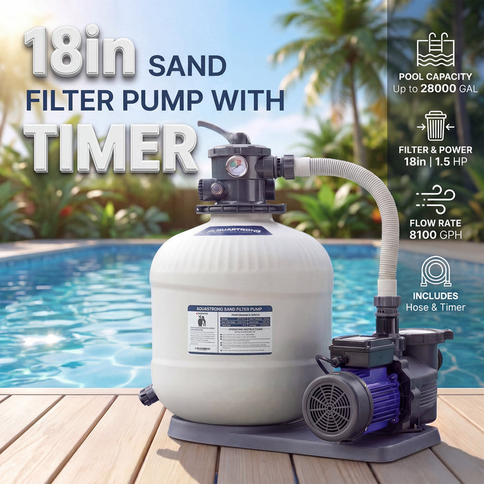 Sand Filter Pumps 115V 12in to 20in With Timer, 1/2 HP to 2 HP,  Max  8917GPH for Pools Up to 38000GAL, 6-Way Valve - Aquastrong