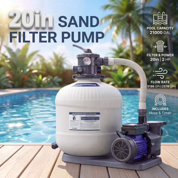 Sand Filter Pumps 115V 12in to 20in With Timer, 1/2 HP to 2 HP,  Max  8917GPH for Pools Up to 38000GAL, 6-Way Valve - Aquastrong