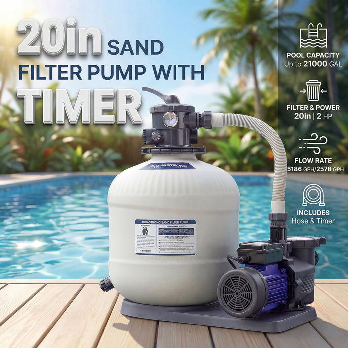 Sand Filter Pumps 115V 12in to 20in With Timer, 1/2 HP to 2 HP,  Max  8917GPH for Pools Up to 38000GAL, 6-Way Valve - Aquastrong