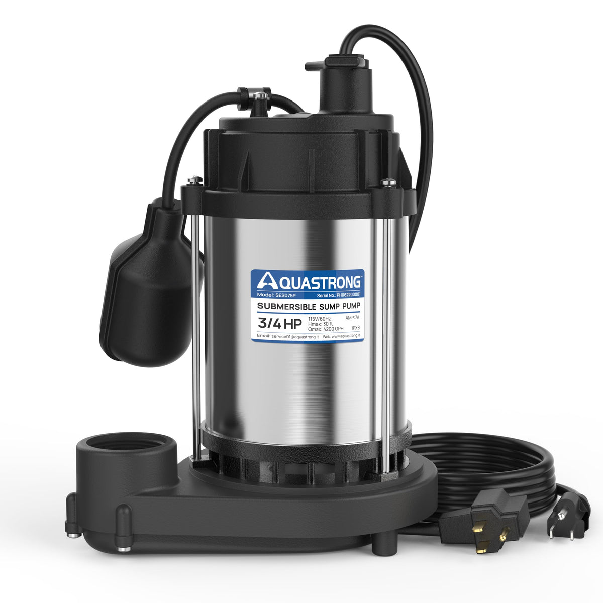 SES075P 3/4 HP Sump Pump Stainless Steel, 4200 GPH — AQUASTRONG