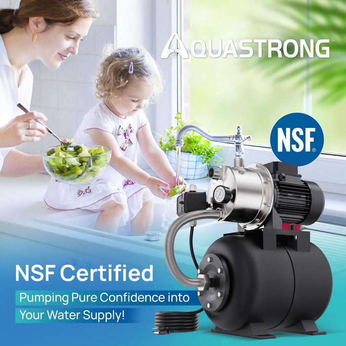 PGA150SAN 1.6 HP 115V Shallow Well Pump with Pressure Tank, NSF Certified, 1320 GPH - Aquastrong