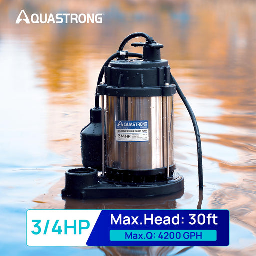AQUASTRONG 1/2 HP & 3/4 HP Sump Pumps, QMAX 4890 GPH Stainless Steel and Thermoplastic Submersible Water Pump, 1-1/2" NPT Discharge - Aquastrong