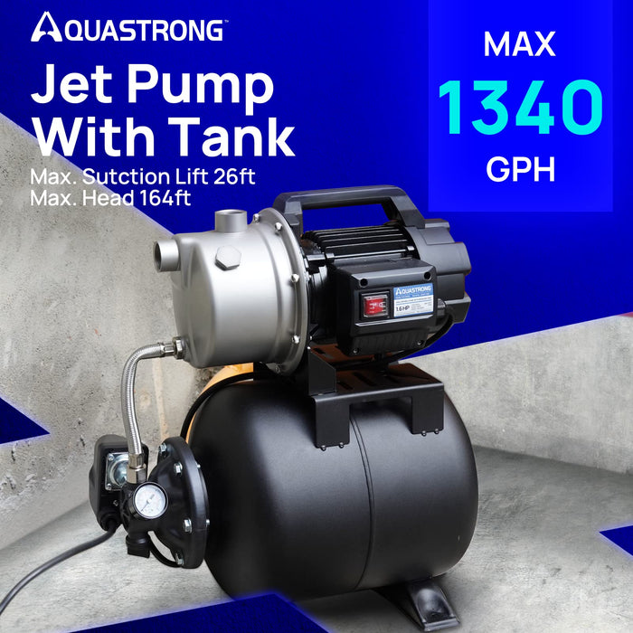 PGA150SA 1.6 HP 115V Shallow Well Pump with Pressure Tank, 1320 GPH - Aquastrong